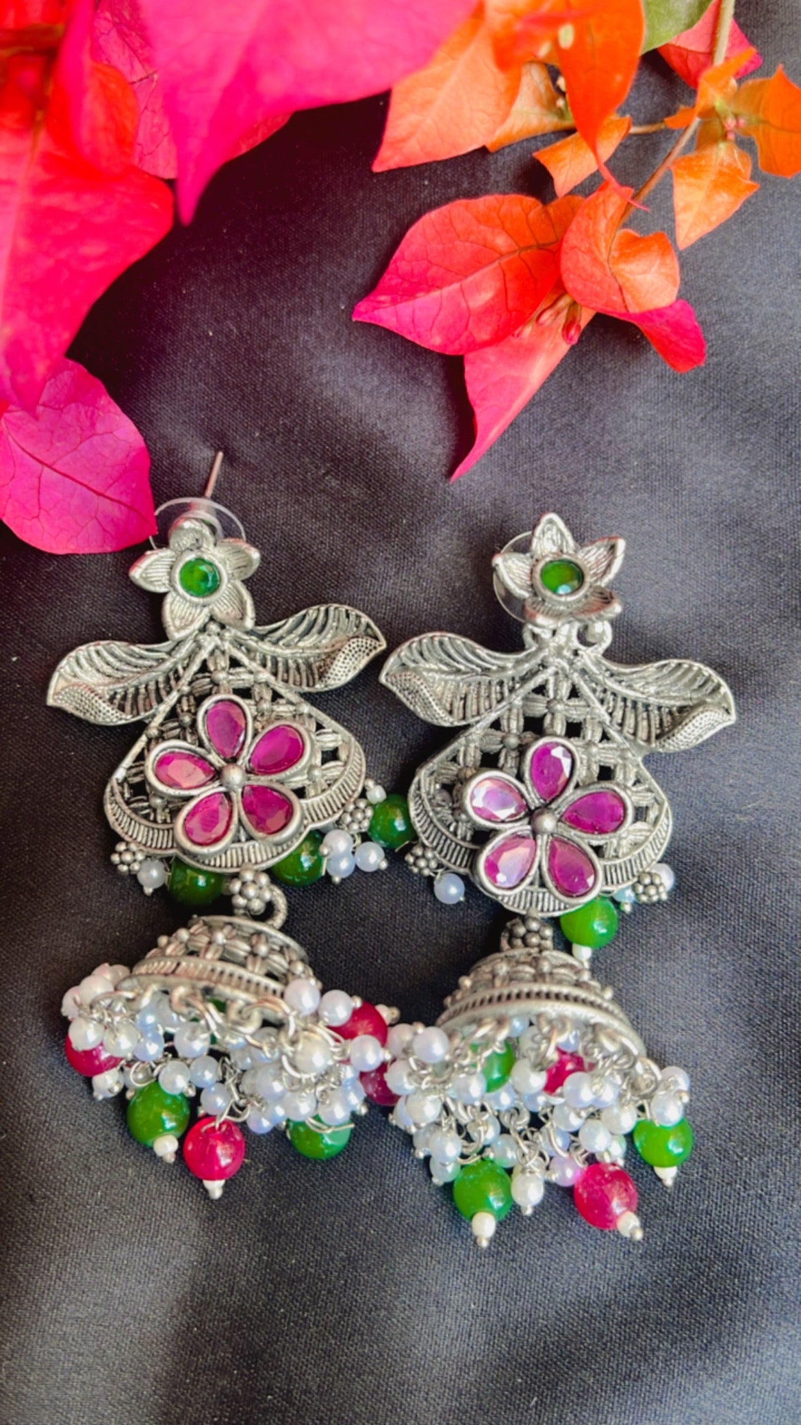 Kash Leaf Flower Jhumka silver Earring