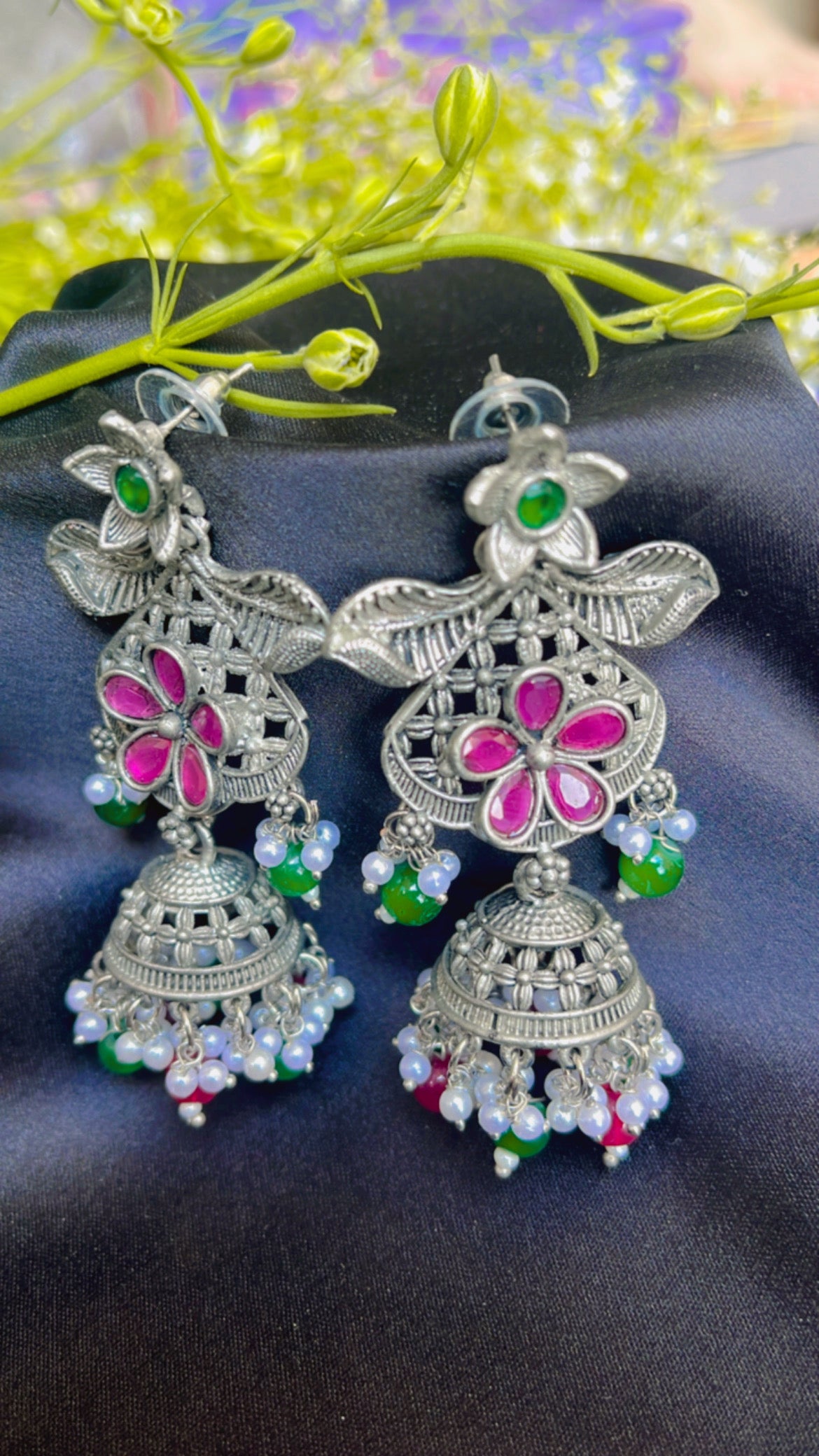 Kash Leaf Flower Jhumka silver Earring