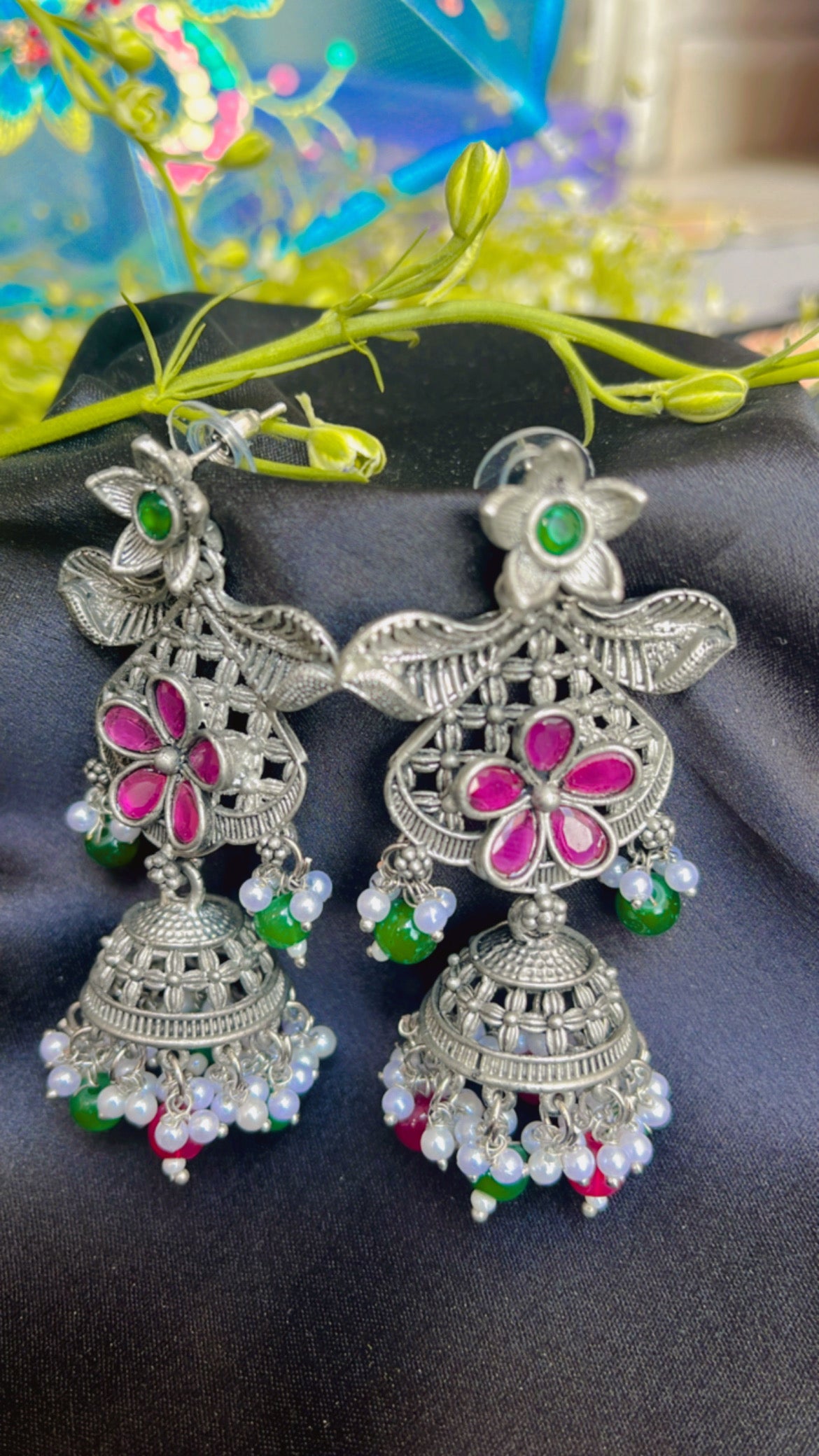 Kash Leaf Flower Jhumka silver Earring