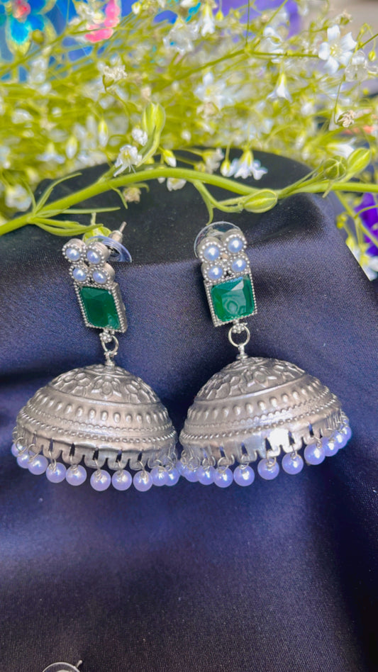 Kash Green Jhumka Silver Earring