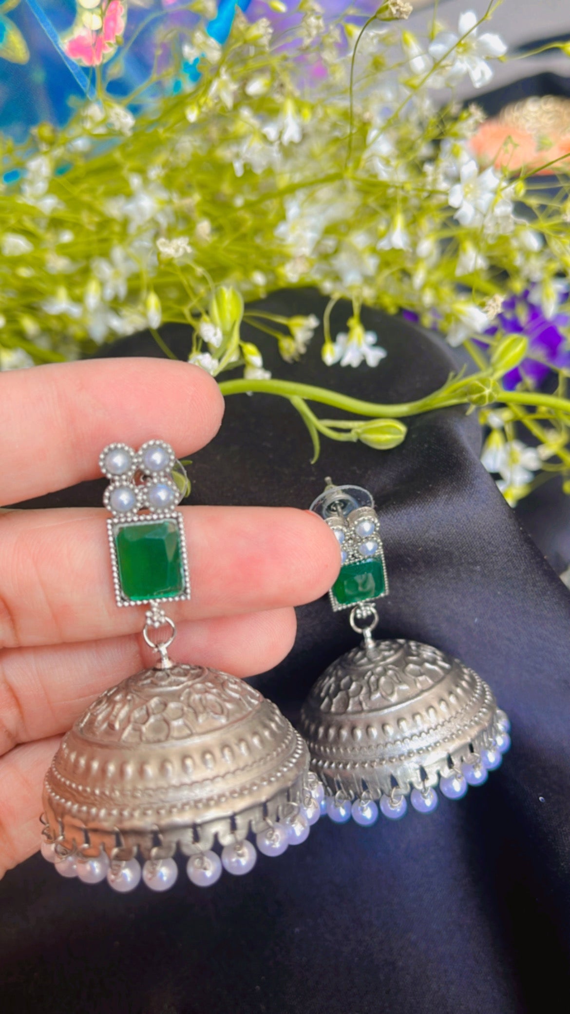 Kash Green Jhumka Silver Earring