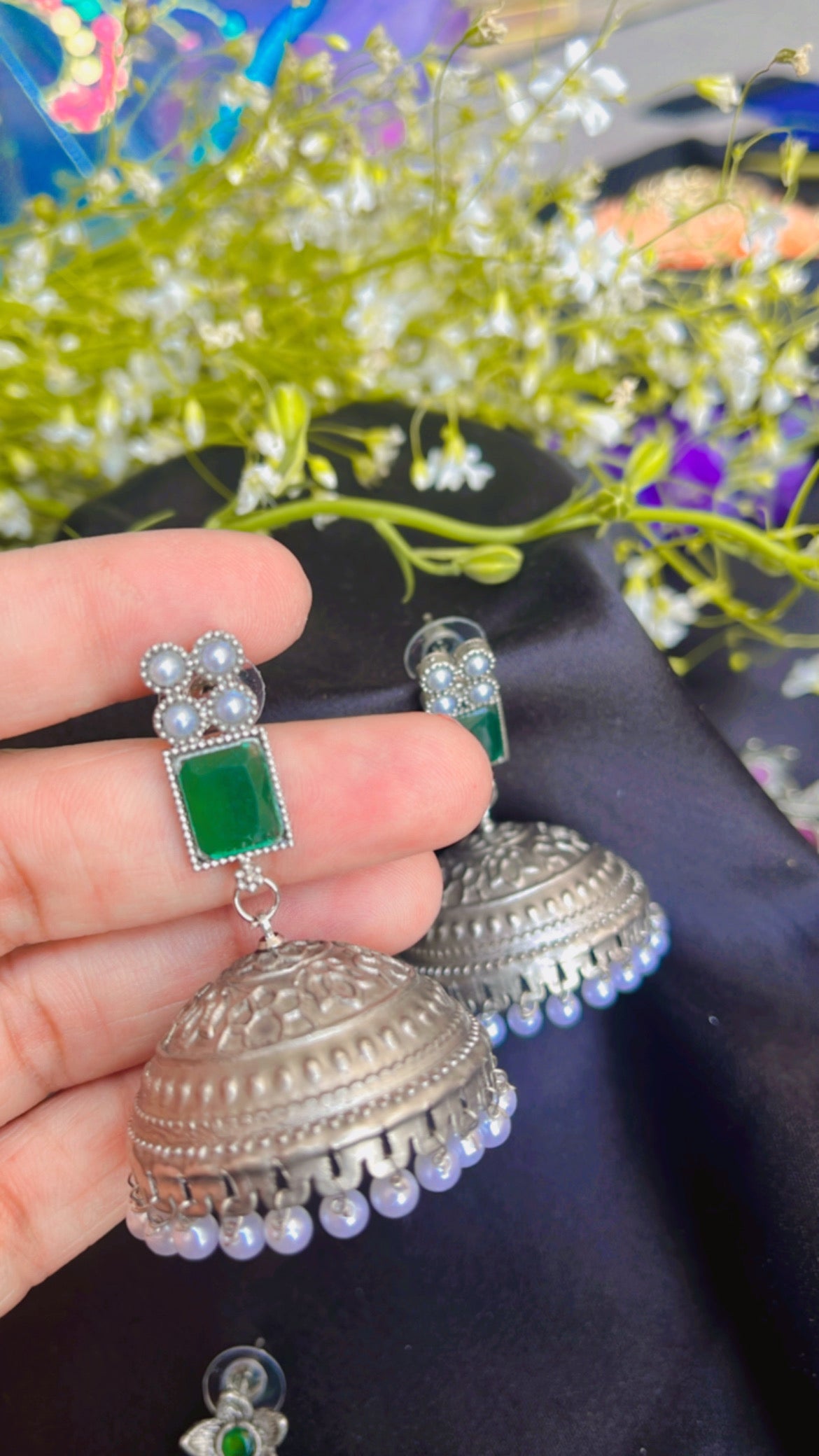 Kash Green Jhumka Silver Earring