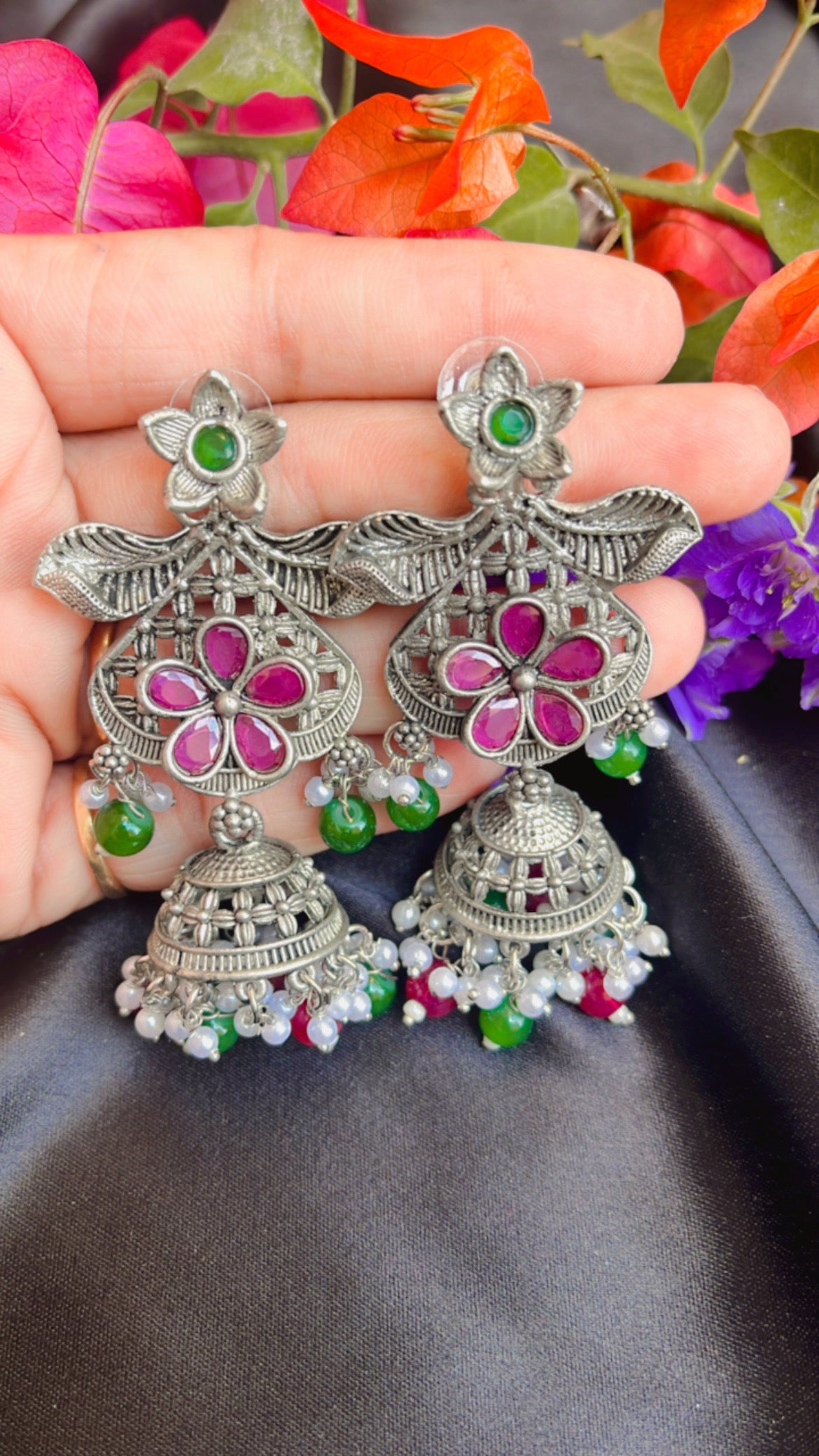 Kash Leaf Flower Jhumka silver Earring