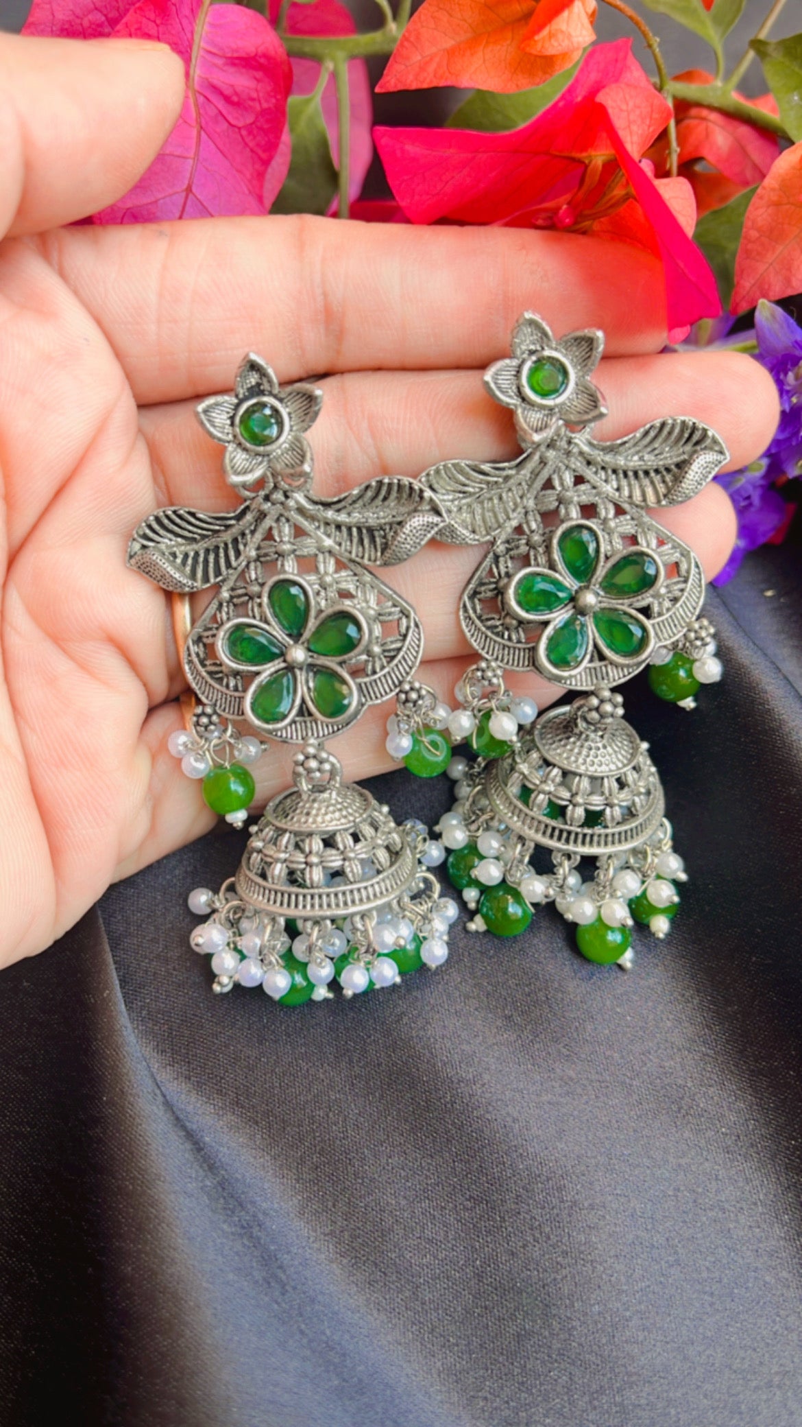 Kash Leaf Flower Jhumka silver Earring