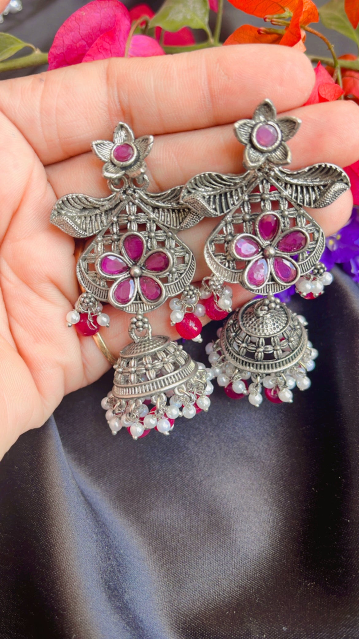 Kash Leaf Flower Jhumka silver Earring