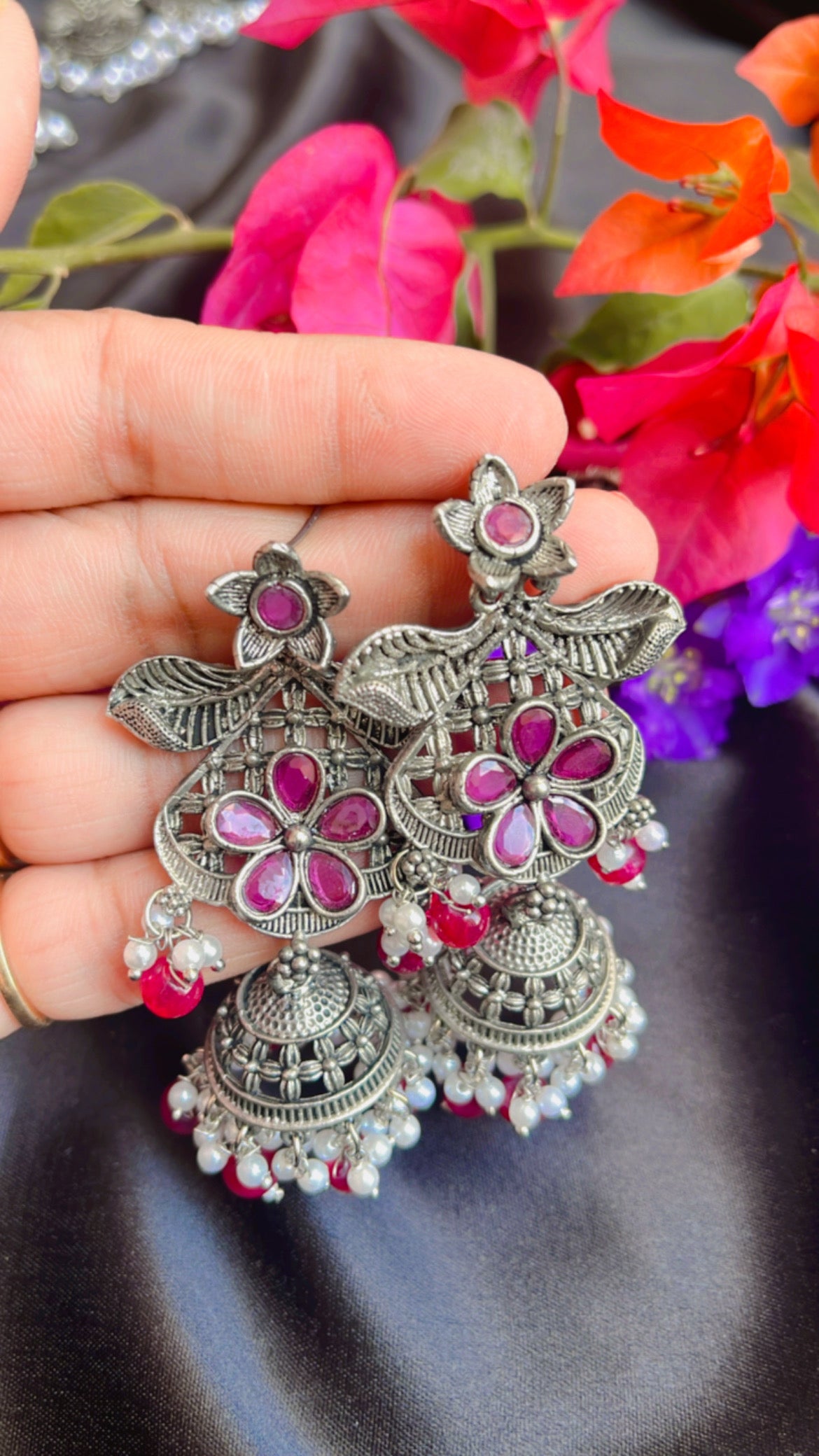 Kash Leaf Flower Jhumka silver Earring