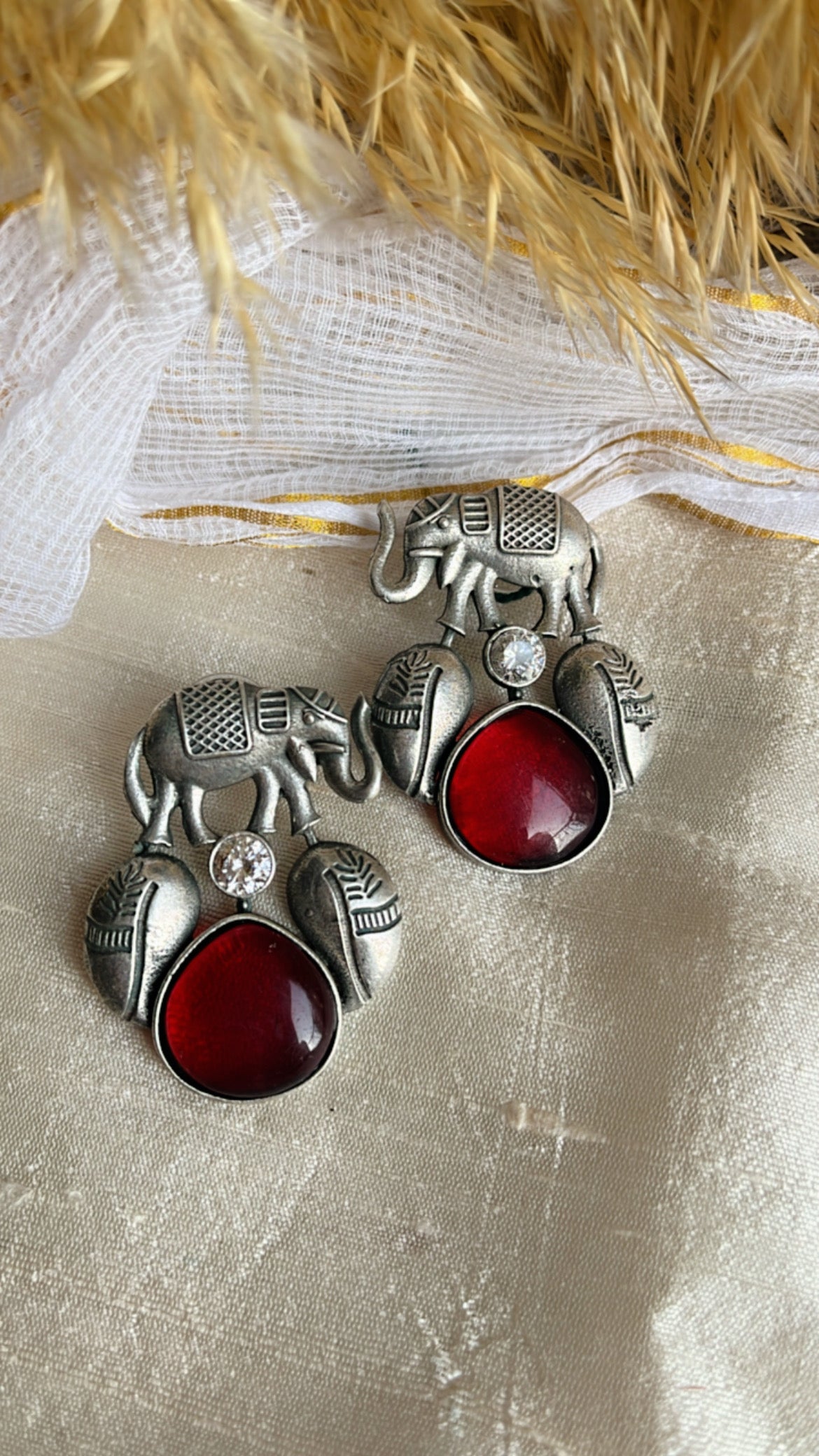 Red Gajanand Silver Earring