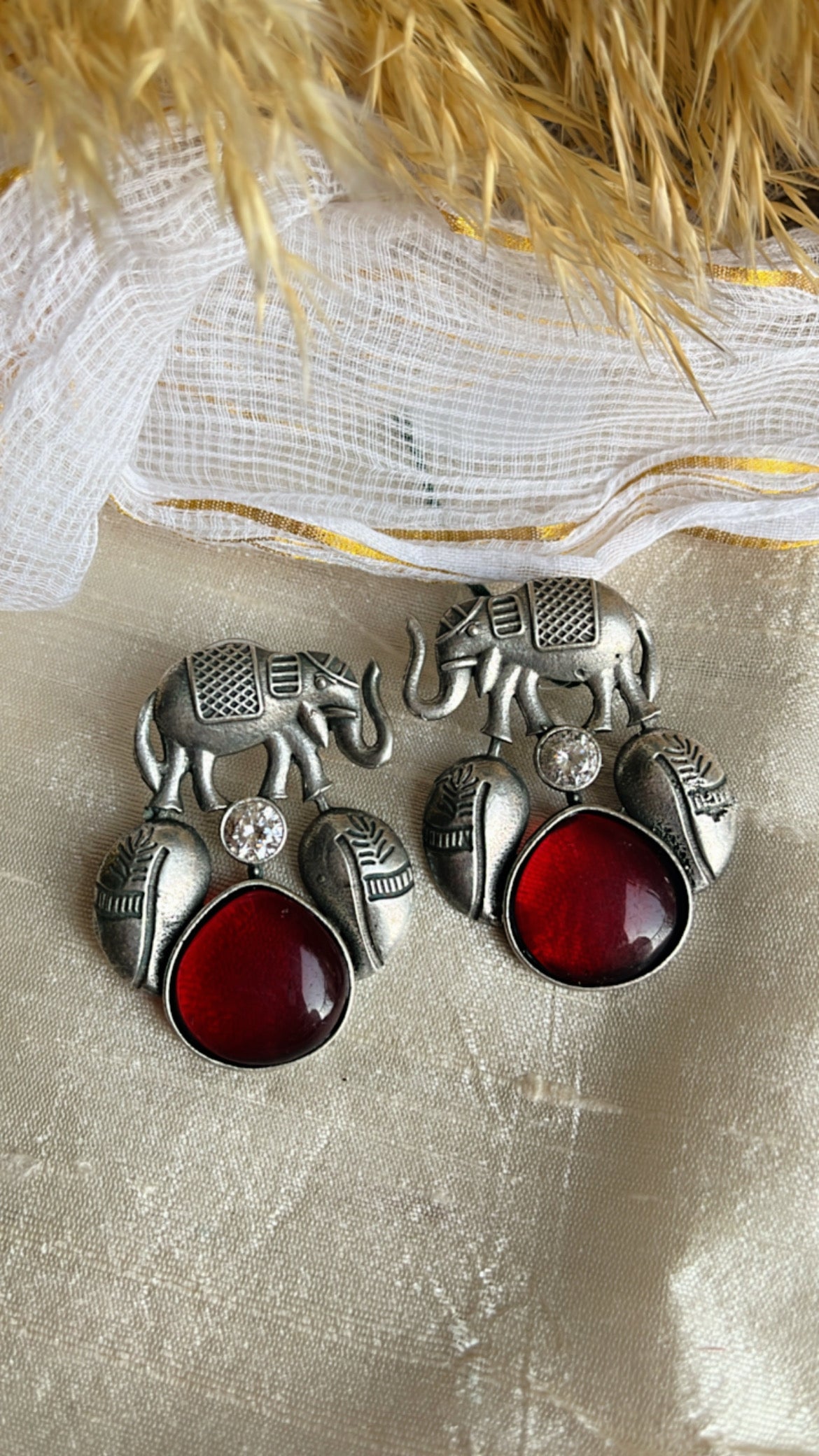 Red Gajanand Silver Earring