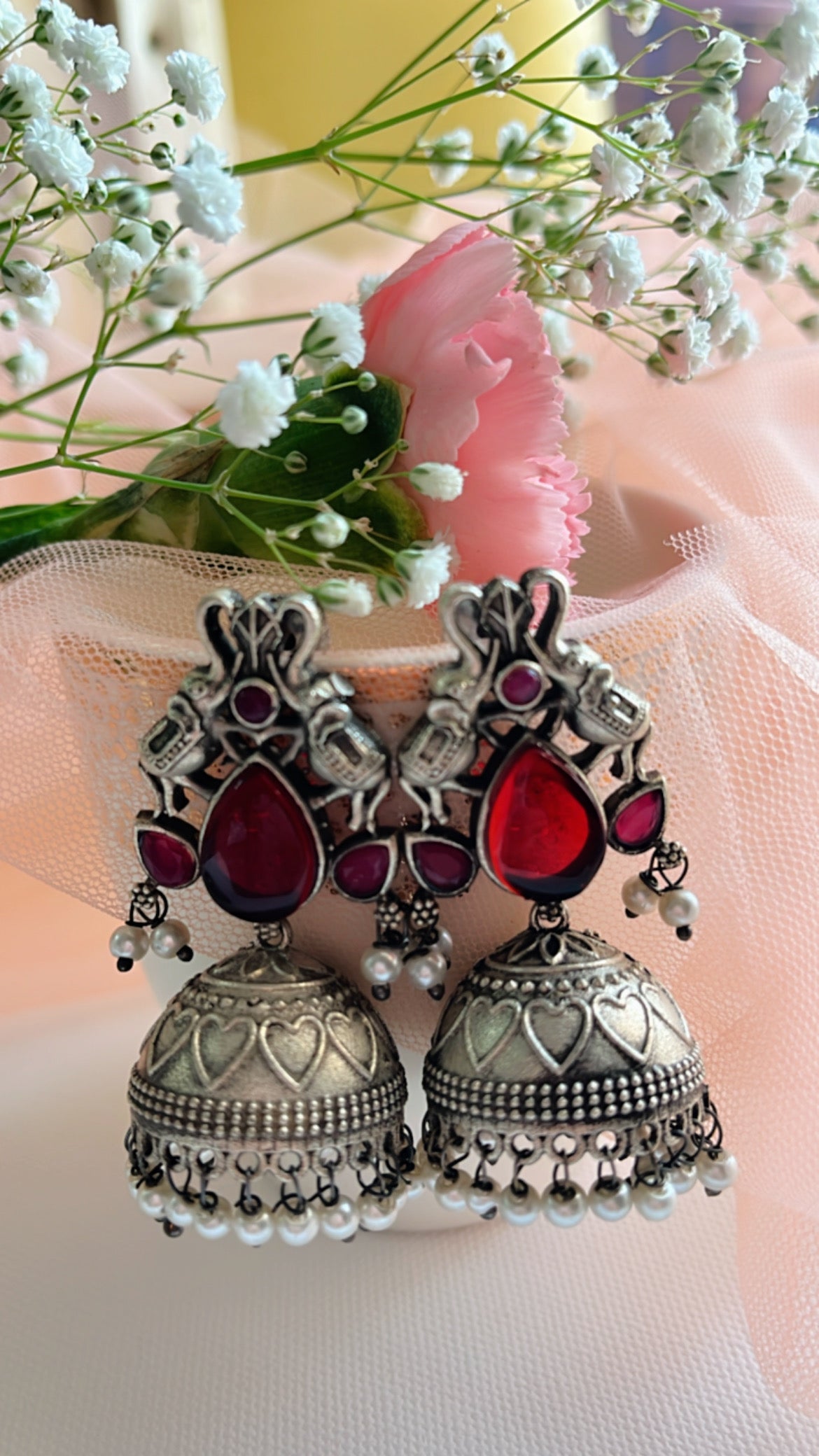 Pink Gaj Jhumka Silver Earring