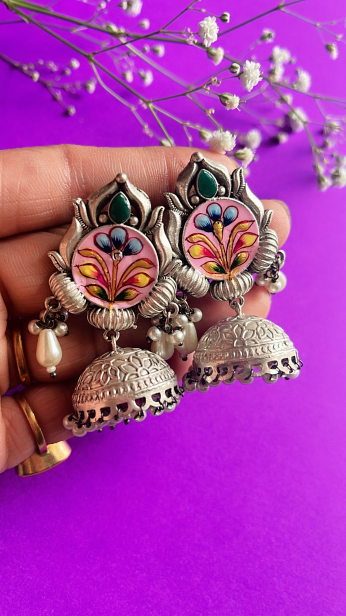 Pink Reet Jhumka Silver Earring