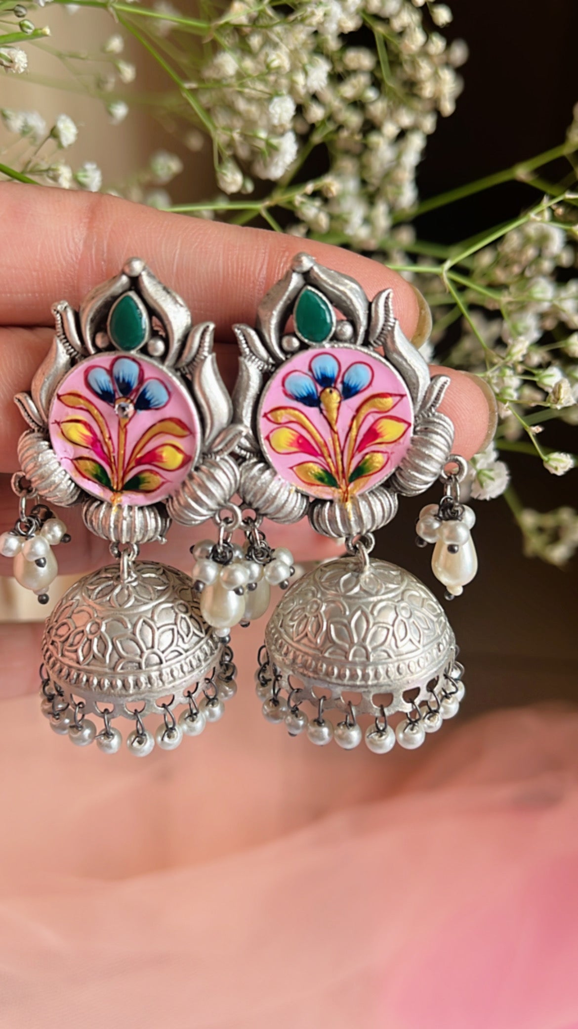 Pink Reet Jhumka Silver Earring