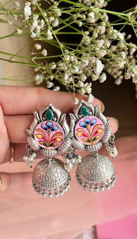 Pink Reet Jhumka Silver Earring