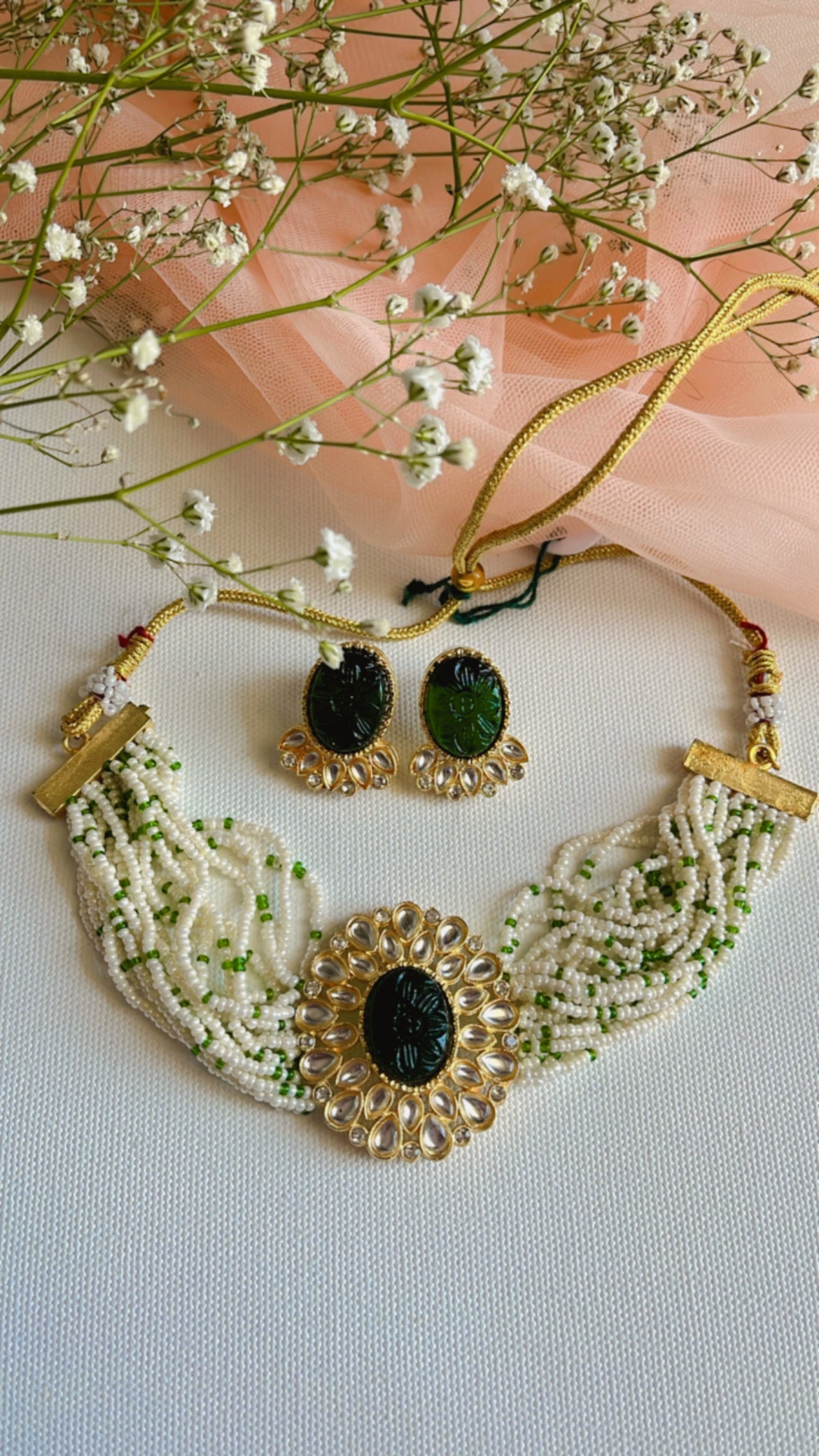 Pearl Green Pankuri Necklace Set