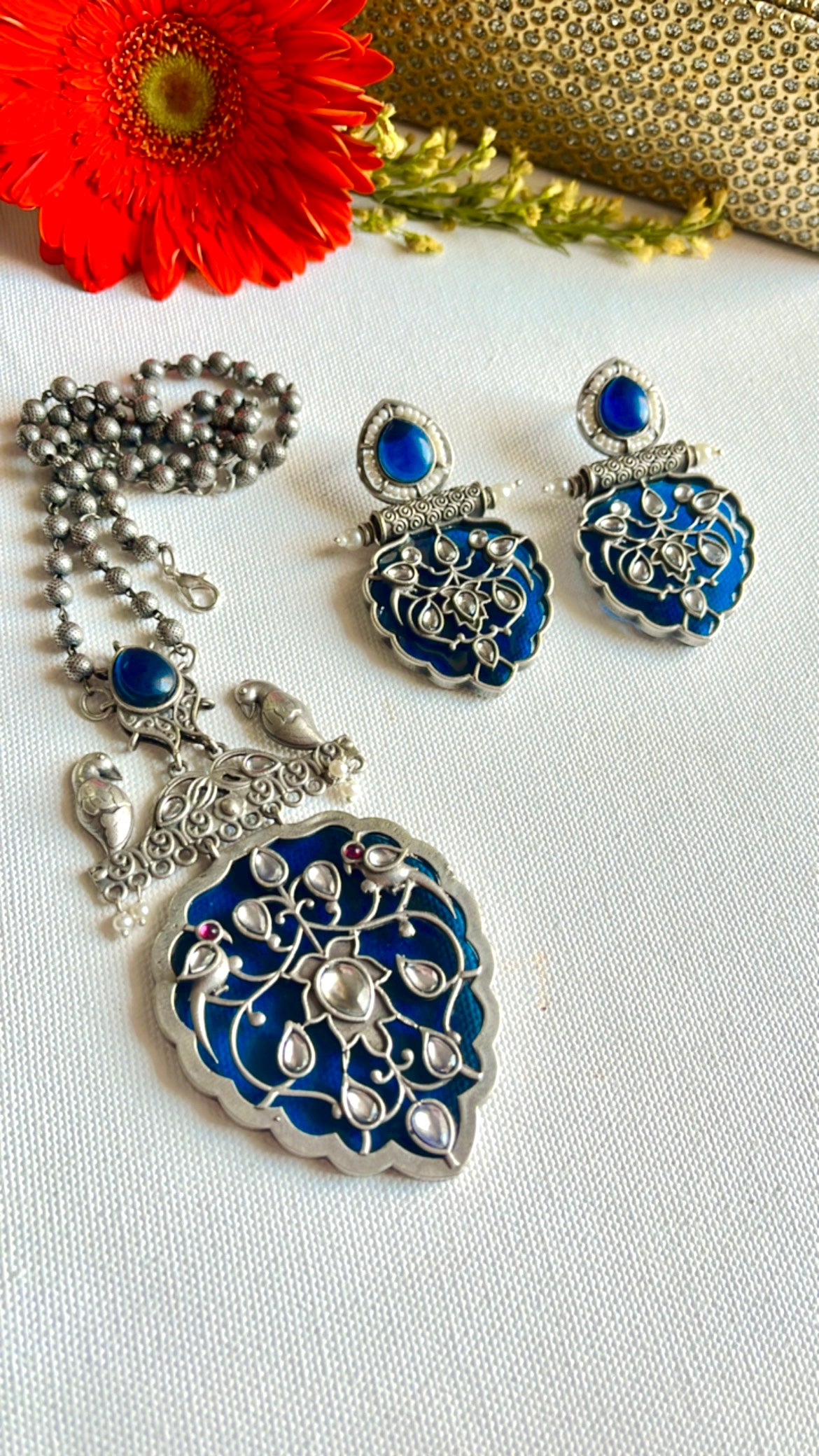 Blue Alisha Silver Neckpiece Set